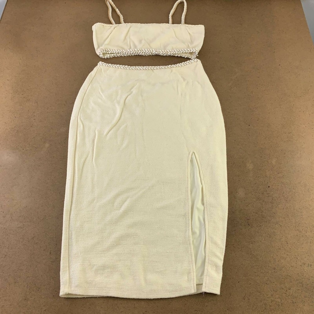 Saylor Womens Crop Top Midi Pencil Skirt Set Ivory Side Slit Braided Zipper L